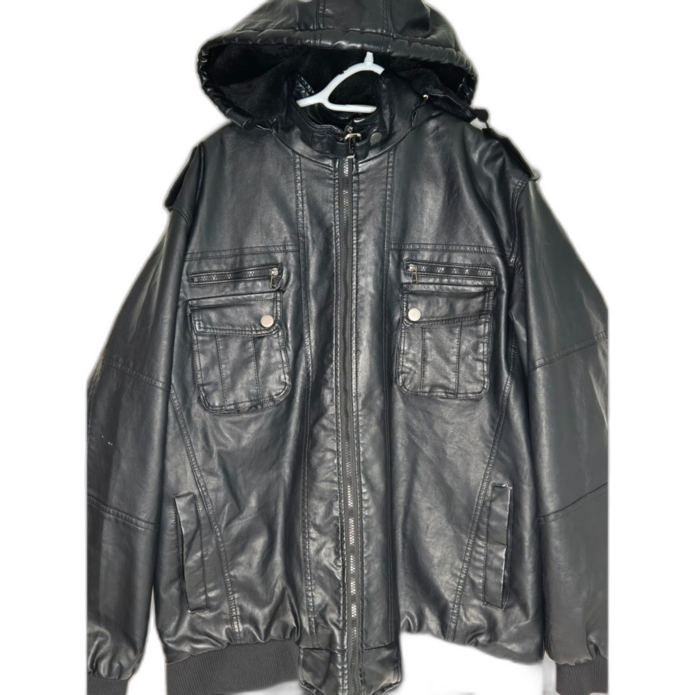 Vertical Sports Hooded Bomber Jacket | Men's Size XXL | Black Faux Leather Coat
